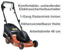 Um mehr zu Dolmar EM-4818 S<br>Elektro-Rasenmäher mit Radantrieb für Kleingärtner zu erfahren, hier anklicken.